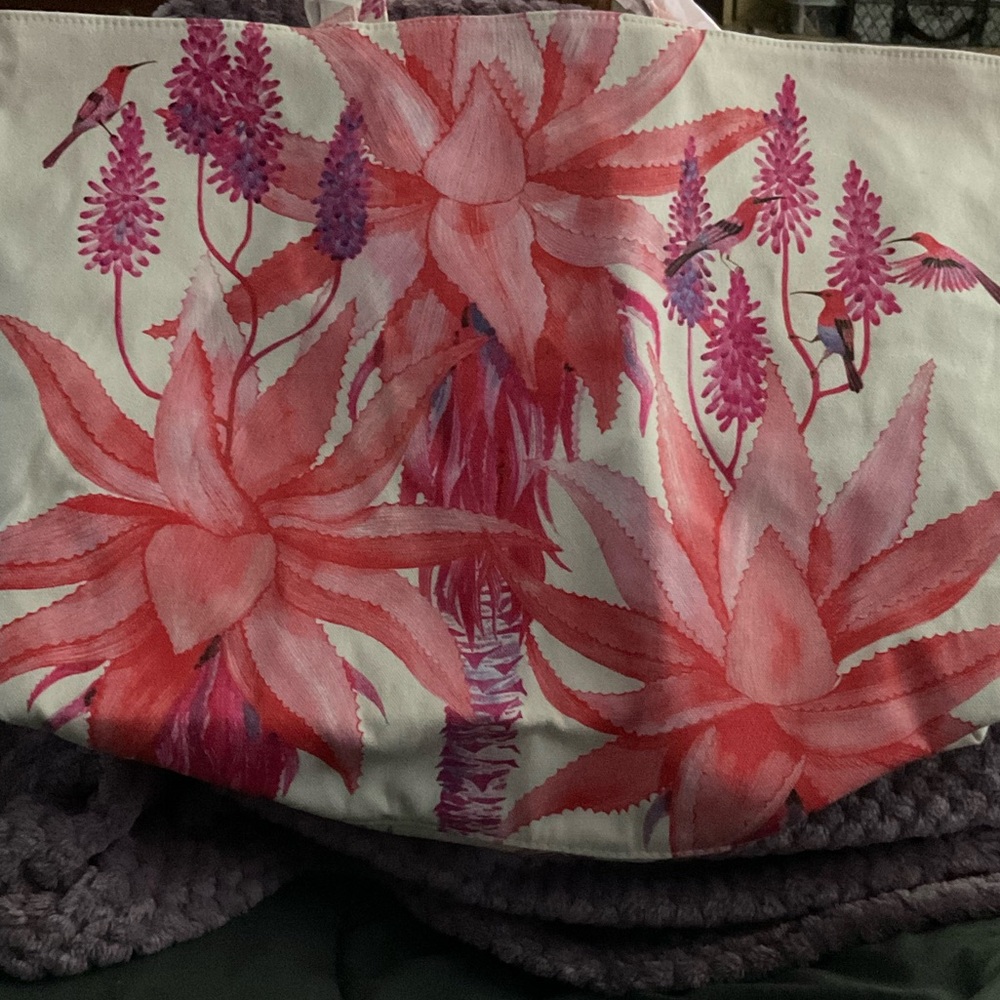 Floral Tote Bag. Pink Botanical Hummingbird Canvas Beach Bag, 19.5 X 14” - Picture 4 of 5